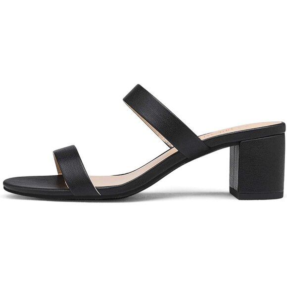 🆕Women Black PU Polyurethane Two Strap Open Toe Low Block Chunky Heel Sandals - Picture 3 of 8